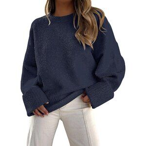 Women's Oversized Sweater Fuzzy Navy Blue Long Sleeve Casual Chunky Pullover